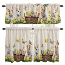 Easter Rabbit Kitchen Curtains & Valances Set – Vintage Basket, Colorful Eggs, Spring Floral, Butterfly Linen, Rod Pocket, 27.5x36in