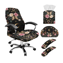 Butterfly Rose Moon Print Office Chair Cover Bundle (5-Pc), w/ Armrest Covers, Remote Holder & Tissue Box Organizer – L