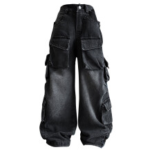 Kids Girls Ripped Denim Pants Distressed Washed Baggy Wide Leg Jeans Pants Oversized Denim Pants Y2K Hip Hop Streetwear Cargo Pant (Black,120)