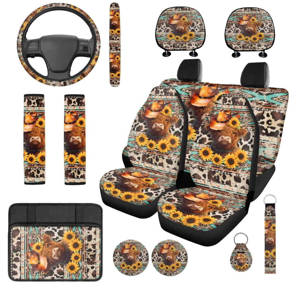 Cute Highland Cow Sunflower 14-Piece Car Seat Cover Set W/ Steering Wheel, Console, Headrest & Seat Belt Covers Â Compatible With Car/Suv 9399596743257
