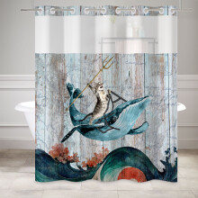 Mizhona Rustic Whales Hookless Shower Curtain with Snap in Liner,Funny No Hooks Shower Curtain,71" 74"