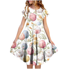 Girls Easter dress short sleeve round neck with print and