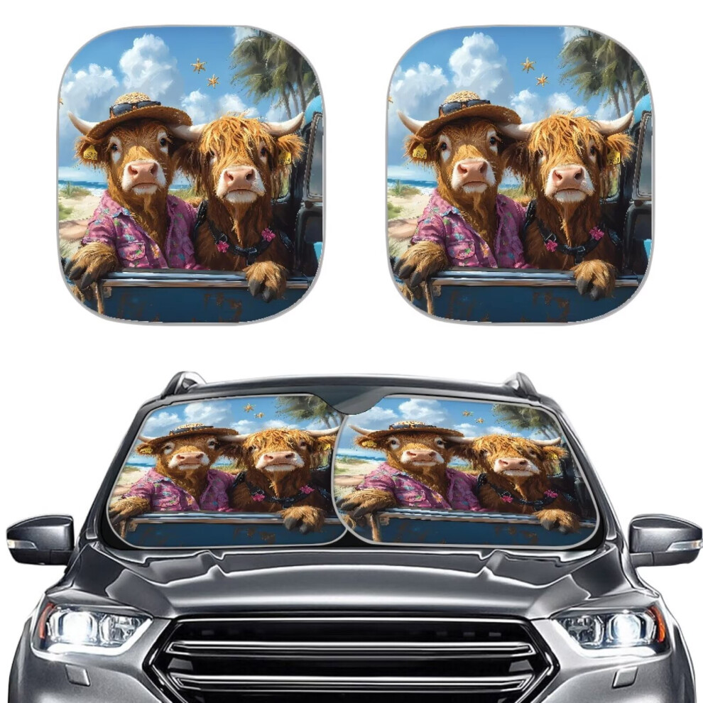Hawaiian Highland Cow 2-Piece Rectangular Front Window Sun Shade Â Universal Fit, Compatible With Most Cars 9422877530274