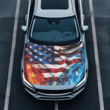 Blue & Red Flame US Flag Hood Cover, Windproof Polyester Elastic Car Bonnet Banner for Trucks, SUVs, Vans – Compatible with All Vehicles