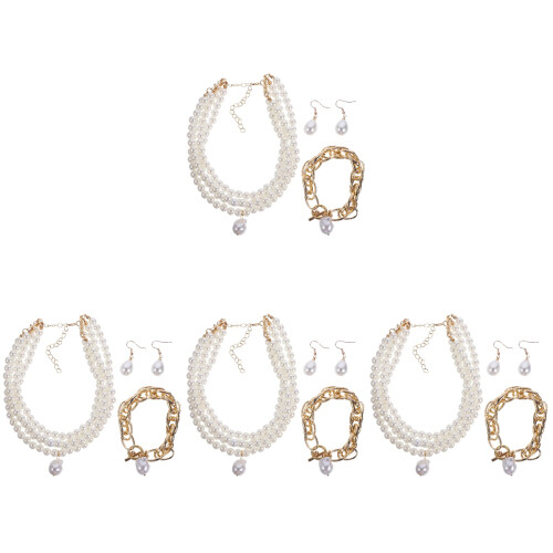 4Sets Elegantes Perlen Schmuckset Damen Ohrringe Halskette Armband 2