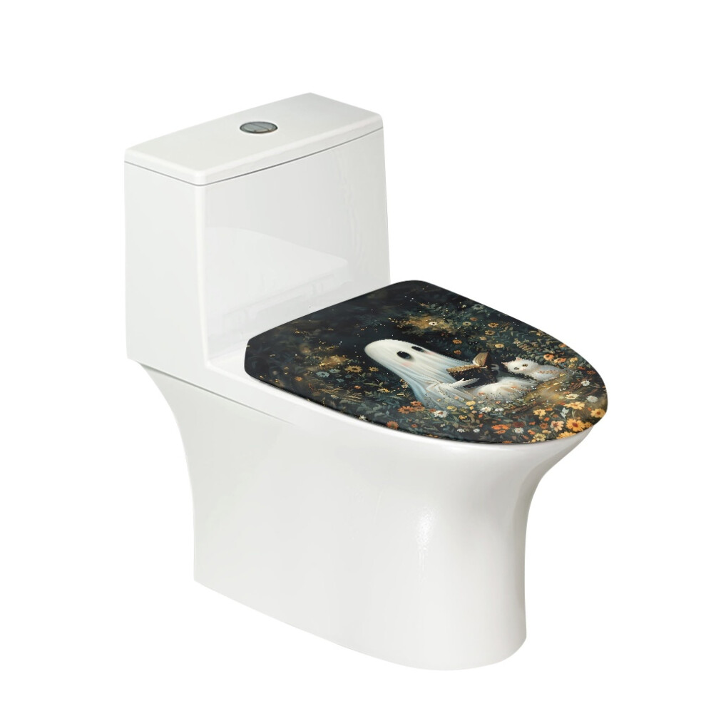 Ghost Cat Print Toilet Lid Cover With Elastic Edges, Washable Polyester, Fits Round/Oval/Elongated Lids Â Halloween Decor 9422877014309