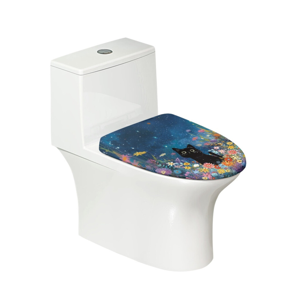 Cat Flower Print Universal Fit Toilet Lid Cover With Elastic Edges Washable Reusable Stretchable Fabric For Most Lids Bathroom Decor Accessories 9422877013890