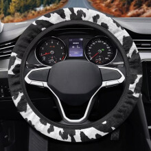 Cow Print Fuzzy Steering Wheel Cover Black Soft Thick for