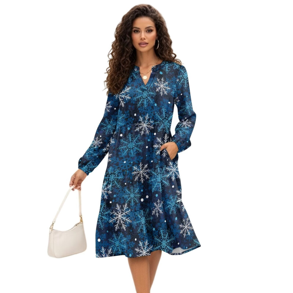 Women's Christmas Blue Snowflake Midi Dress V-Neck Elastic 9087558954215