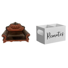 Miniature Wooden Sofa Chair Model with 2-Slot Remote Holder for Nightstand, Couch, Office – Compatible with Standard Remotes