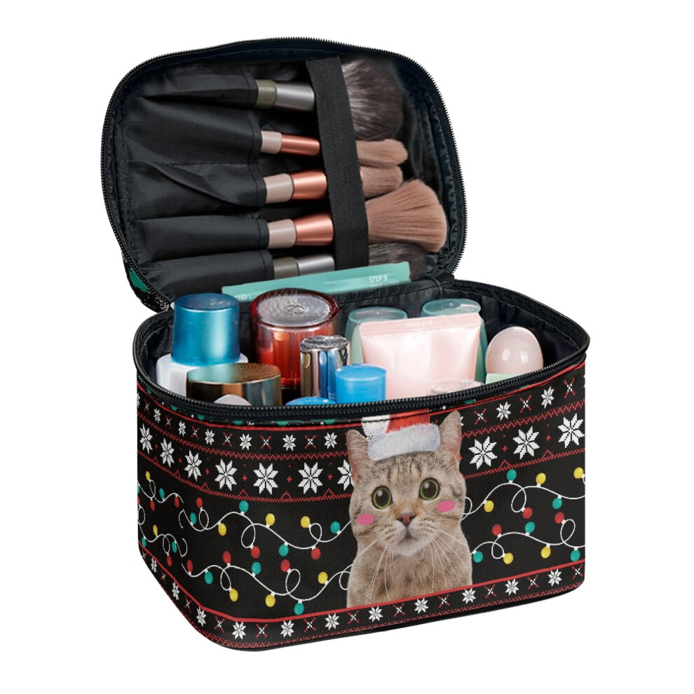 Christmas Cat Cosmetic Bag with Brush Slots Travel Organizer