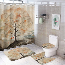 4-Pc Decor Shower Set: Waterproof Curtain, Non-Slip Rug, Toilet Lid Cover & Bath Mat – Abstract Tree/Leaves Design, Rustic Autumn