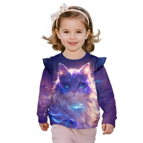 Girls' Ruffle Sweatshirt Oversized Cat Star Print Long