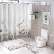 Watercolor Flowering Shower Curtain 4-Piece Set – Waterproof, U-Shaped Bath Mat, Toilet Lid Cover & Oval Rug, Compatible with Standard Showers