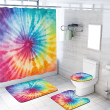 Tie Dye 4-Pc Shower Curtain Set w/ Non-Slip Rug, Toilet Lid Cover & Bath Mat – Boho Rainbow Spiral, Waterproof, 72x72", 12 Hooks