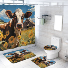 Farmhouse Cow Shower Curtain Set with Non-Slip Rug, Rustic Farm Animal & Sunflower Design, Waterproof, 72x72", Compatible with Standard Bathtubs