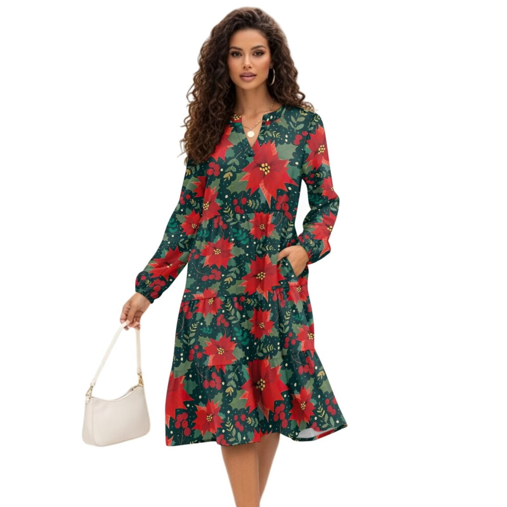 Women's Christmas V-Neck Long Sleeve Flowy Midi Dress Size 9399596753775