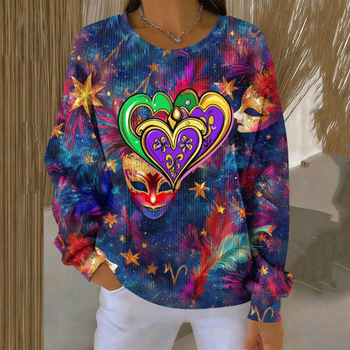Women's Carnival Print Ribbed Pullover Top Long Sleeve