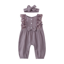 Baby Girl Clothes Romper Dress with Bow Linen Cotton Purple 0-6 Months