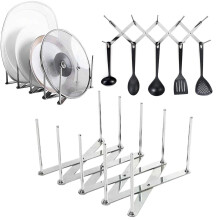 Adjustable Pot Lid Organizer – Expandable Stainless Steel Rack for Lids, Plates, Pans & Bakeware, Non-Slip, Compatible with Standard Cabinets