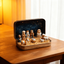 Mini Christmas Nativity Set in Tin Box – Pocket-Sized, Handcrafted Decor for Desk, Shelf, Office or Travel (B)