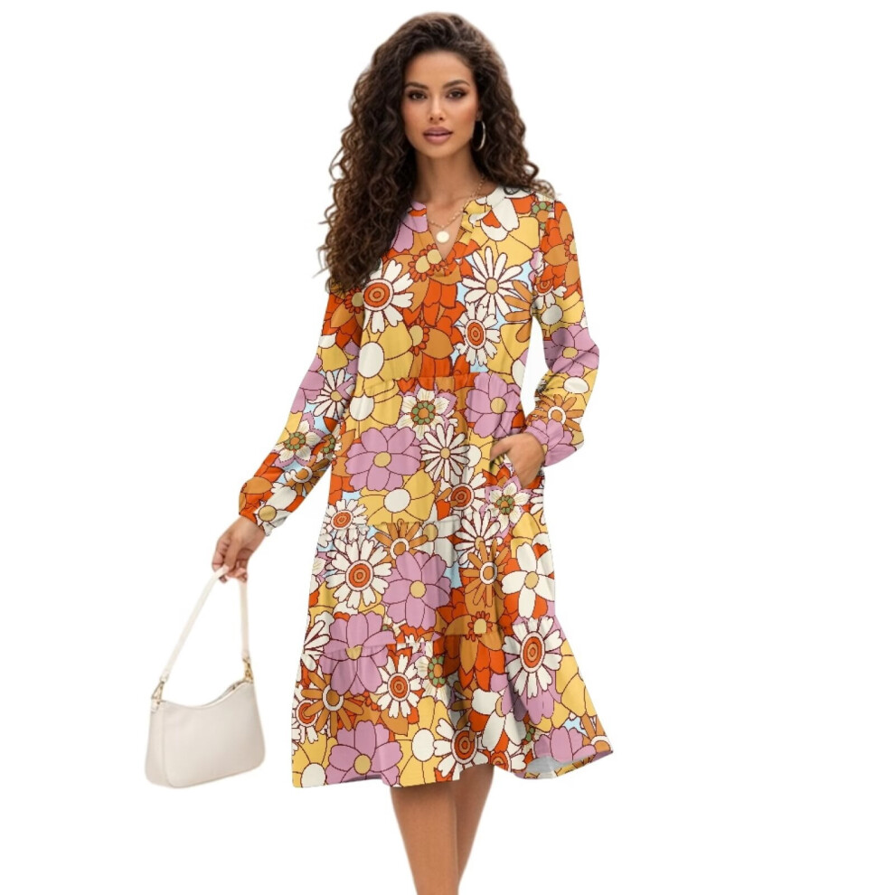 Women's Midi Dress With Long Sleeves V-Neck Elastic Waist 9399596754871