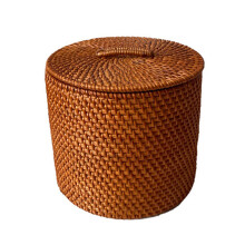 Handmade Rattan Storage Cylinder Wicker Storage Bin Round Rattan Storage Basket with Lid Household Organizer Box Type 2