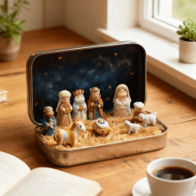 Mini Christmas Nativity Set in Tin Box – Portable Holy Family Scene, Small Religious Ornament for Desk, Shelf, Office or Travel Decor