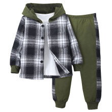 Boys Clothes Button Down Long Sleeve Hoodie Pullover Plaid Sweatshirt and Pants 2pcs Fall Winter Outfit Set Green 7 Years