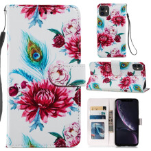 PU Leather Folio Case for iPhone 11 (6.1", 2019) – Flip Stand, Magnetic Snap, Detachable Wrist Strap, Card/Cash Slots, Peacock Flower Design