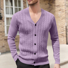 Ανδρικό Μονόχρωμο Πλεκτό Ζακέτα με V-Neck, Σχέδιο Ζακάρ, Μακρυμάνικο Πουλόβερ,
