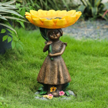 Sunflower Bird Bath Decor - Outdoor Polyresin Water Fountain for Garden/Patio (Butterfly Feeder with Ladybug, Lightweight Weatherproof)