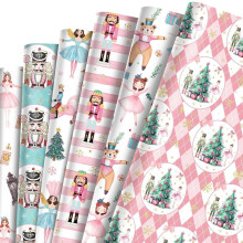 12 fogli di carta da regalo natalizia con schiaccianoci, principessa e albero di Natale, colore rosa.