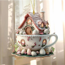 1PC 3.15" Easter Teacup Acrylic Ornament Set – Rabbit & Teacup Scenes, Chocolate Cup–Shaped Tree Decor, Compatible with Standard Hooks