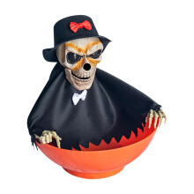 Animowana czaszka w misce ze słodyczami w stylu B. Straszna ozdoba na Halloween z efektami dźwiękowymi i ruchem głowy.