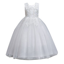 Flowers Little Girls Tulle Lace Wedding Party Dress for Kids formal Birthday Princess Pageant Prom Maxi Gown (White,170)