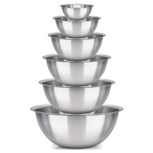 Ensemble de 6 bols mélangeurs en acier inoxydable (0,75 à 8 L), finition miroir polie, facile à nettoyer, idéal pour cuisiner, servir et offrir.