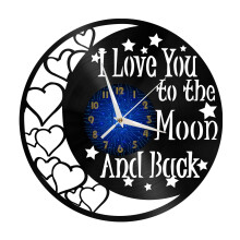 Wandklok met vinylplaat 'I Love You To The Moon and Back' voor in de keuken, wanddecoratie, muurkunst, cadeau voor je geliefde, cadeau-idee voor een