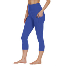 Damen-Yogahose mit hohem Bund, Taschen und Bauchkontrolle, sportliche Capri-Leggings, 7/8-Länge, Blau, Größe M