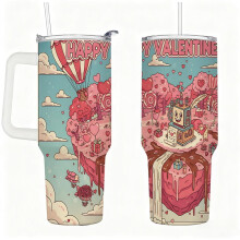 Stainless Steel Insulated Tumbler with Handle & Straw, Cute Robot Valentine Candy Land Design, Double-Wall Hot Cold Travel Cup Gift for Her & Couples