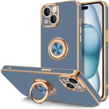 Étui pour iPhone 15 avec anneau de support rotatif à 360 et support magnétique, bordure or rose, couleur bleu-gris doux – Compatible avec