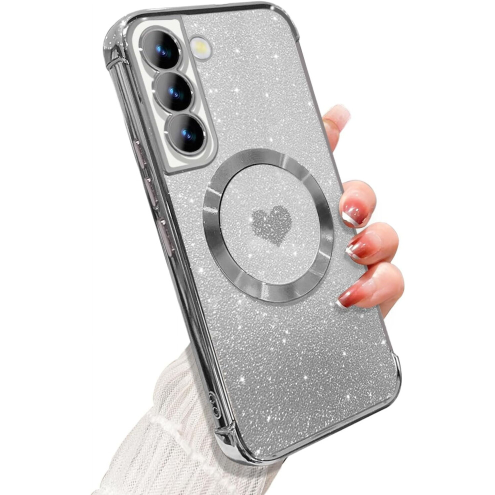 Magnetic Galaxy S21 Fe Case, Compatible With Magsafe—Soft Luxury Bling Gradient Glitter Heart Cover, Clear Shockproof 6.4”, Silver 9193271242888
