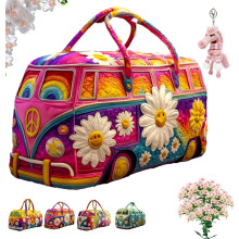 Hippie Van Quilted Duffle Bag, Weekender Travel Overnight Luggage, Adjustable Strap, Suitable For Outdoor Use By Women