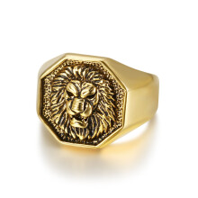 Bague tendance vintage audacieuse en acier inoxydable plaqué or représentant une tête de lion, symbole du dieu soleil.