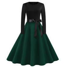 Robe longue à imprimé pour femme, fermeture éclair et ceinture à nouer, style rétro vintage glamour, manches longues, col rond, extensible