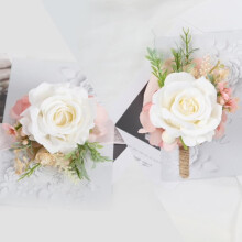 2pcs Rose Wrist Corsage & Boutonniere Set, Silk Wedding Wristlet Band Bracelet for Bride/Groom – Pure White