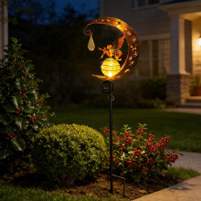 Solar Fairy Garden Lights – Moon & Angel Stake with Crackle Glass Globe, Rainproof LED Pathway Lights for Yard/Walkway