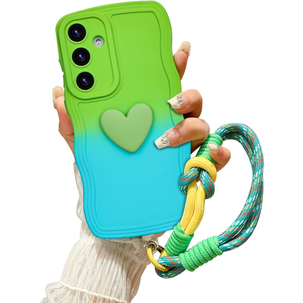 Compatible With Samsung Galaxy S24 Gradient Wavy Case W/ Wrist Strap, Love Heart & Curly Wave Design, Soft Silicone Shockproof Cover Â Green/Blue 9170372333899