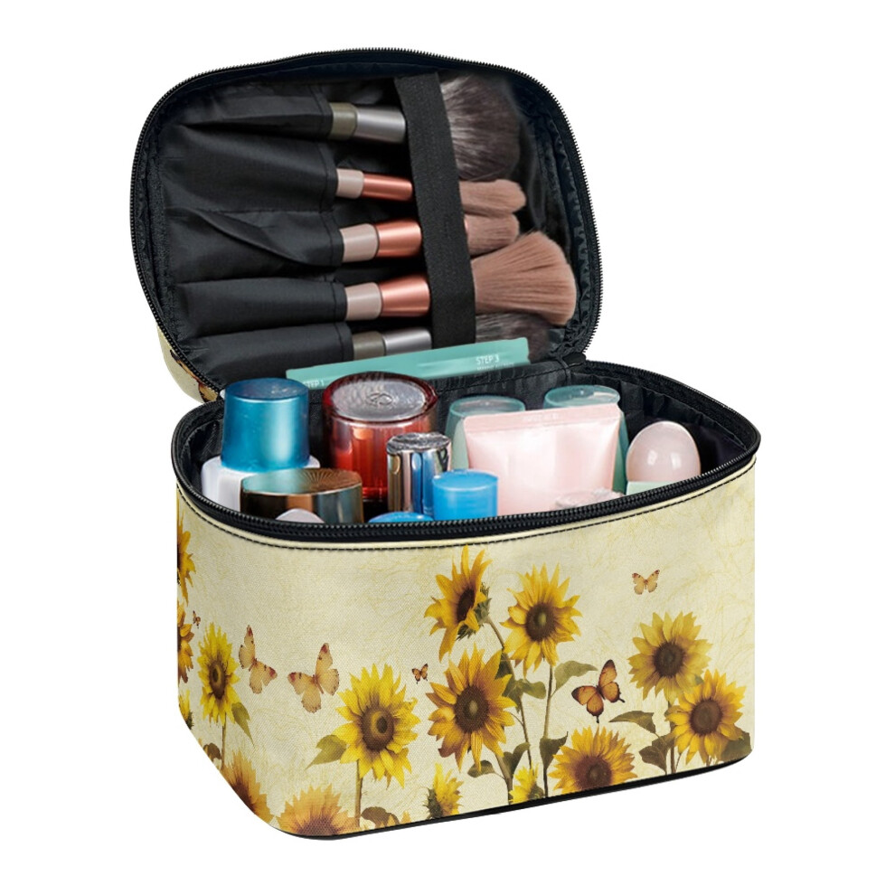 Polyester Makeup Bags Sunflowers with Brush Holder Handheld Portable