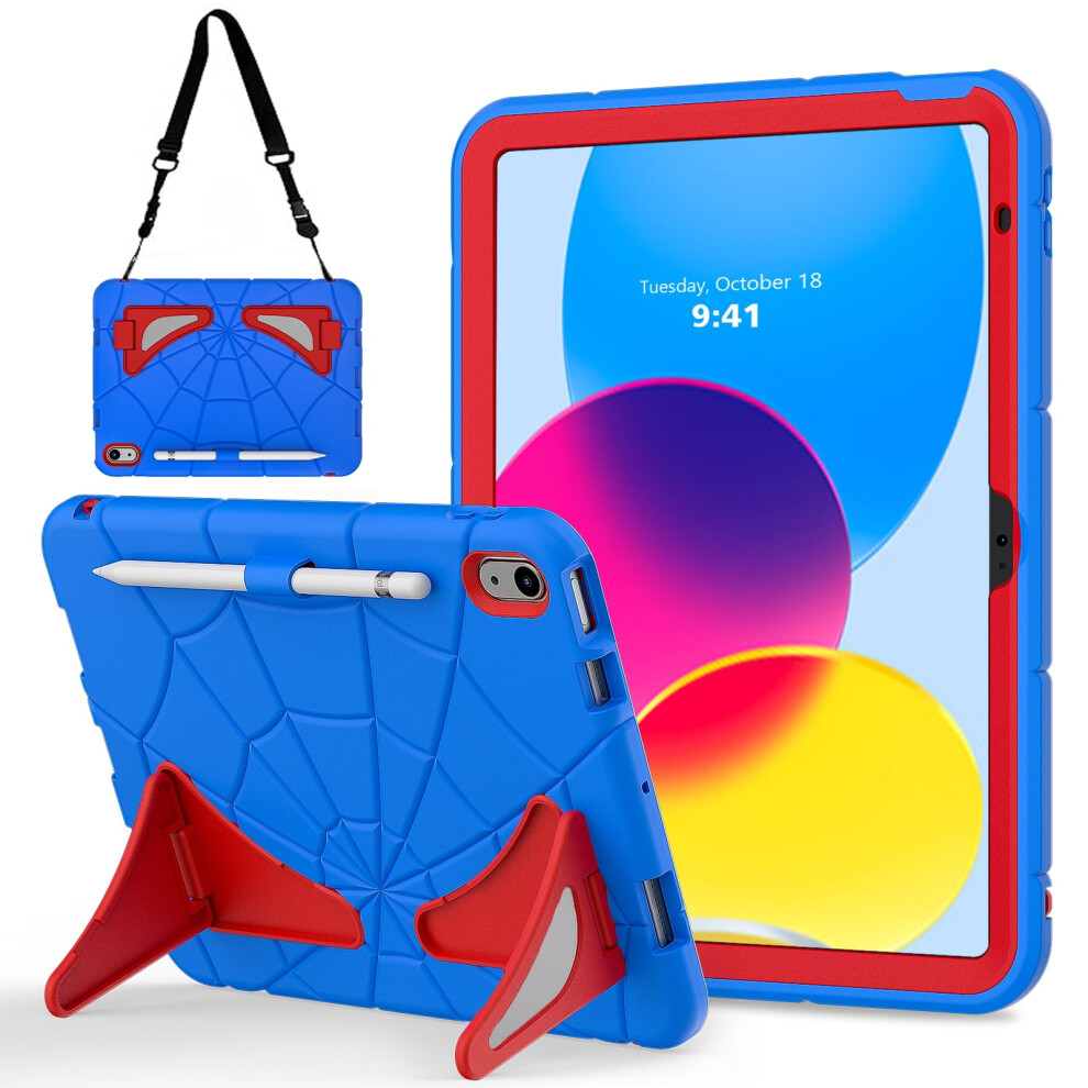 Kids Case For Ipad A16 11Th Gen 2025 & 10Th Gen 2022ÂPencil Holder, Kickstand, Shoulder Strap, Rugged Shockproof Cover, + Blue/Red 9464372756360
